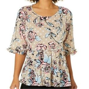 Melissa Paige Womens Tiered Floral & Polka Dot 3/4 Sleeve Ruffled Blouse Size XL